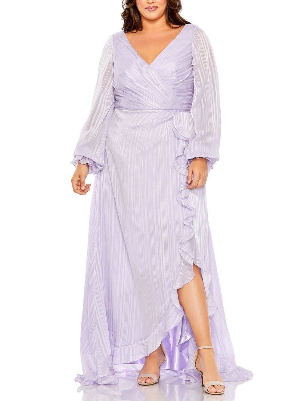 Mac Duggal Plus Size Striped Faux Wrap Bishop Sleeve Gown Size 14W 49498